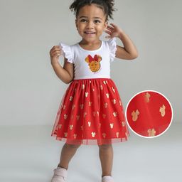 Babyhug Disney Single Jersey Knit Frill Sleeves Dress With Minnie Mouse Graphics - White & Red-image-72