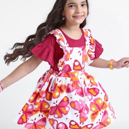 OLLINGTON ST. Cotton Half Frill Sleeves Top& Butterfly Printed Knit Pinafore -Maroon & Multicolor-image-24