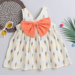 Many frocks & Cotton Linen Sleeveless Ikat Printed Bow Applique Detailed Dress - Cream & Yellow-image-26