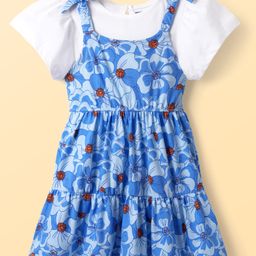 Pine Kids Cotton Knit Frock & Half Bell Sleeves Inner Tee With Floral Print - Blue & White-image-71