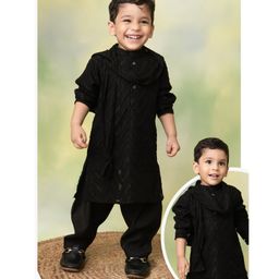 LITTLE COLLARS Blended Full Sleeves Chevron Embroidered Kurta Patiala With Stole Set - Black-image-11