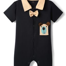 Phy Req - Pankaj Mark & Mia Cotton Knit Half Sleeves Front Open Romper with Bow Applique & Patch Detailing - Navy Blue-40