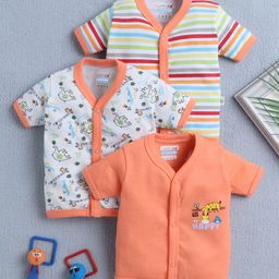 BUMZEE Cotton Knit Front Open Half Sleeves Jungle Theme Printed & Striped Jhablas Pack Of 3 - Orange White & Yellow-image-48