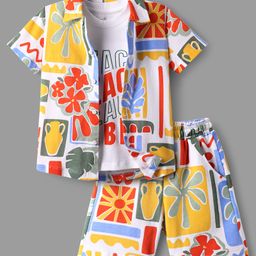 OLLINGTON ST. Knit Half Sleeves Co-Ord Set Floral & Text Printed Shirts & Shorts with T-Shirt -White Yellow & Orange-picture-24