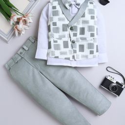 Fourfolds Woven Full Sleeves Chevron Embroidered Abstract Printed 3 Piece Party Suit Set With Bow - Grey-image-26
