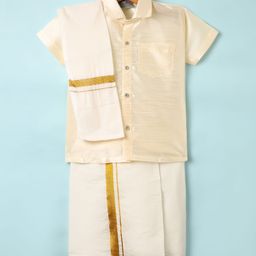 Dapper Dudes Half Sleeves Textured Shirt With Mundu Lungi & Foil Striped Angavastram Set - Fawn-picture-18
