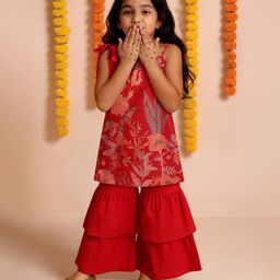 Tales & Stories Viscose Woven Sleeveless Floral Printed Kurti & Sharara Set - Red-picture-7