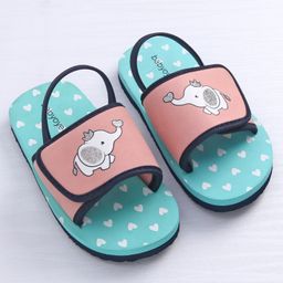 Babyoye Flip Flops Velcro & Backstrap Closure With Heart & Elephant Print - Red image 2
