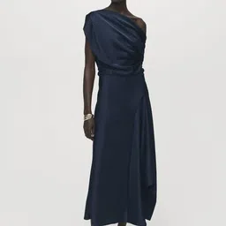 MANGO One Shoulder PU Coated Satin A-Line Maxi Dress with Asymmetric Hem-picture-40