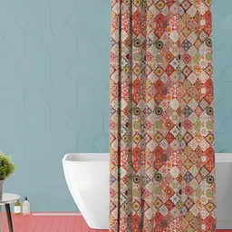 ArtzFolio Beige & Red Geometric Printed Waterproof Shower Curtain-18