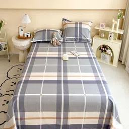 JC HOME Grey & Beige Checked Pure Cotton 220 TC Single Bedsheet Set-2.30 m x 1.60 m-image-27
