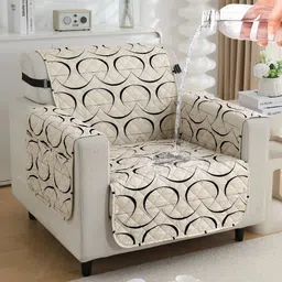 HOKIPO Beige & Black Geometric Printed Waterproof 1 Seater Sofa Cover With Arms-image-3
