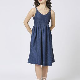 CEFALU Polka Dot Print Denim Fit & Flare Midi Dress-image-2