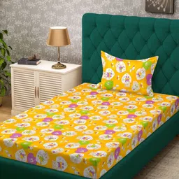 KLOTTHE Yellow & Pink Cartoon Printed Pure Cotton 400 TC Single Bedsheet Set 2.25m x 1.50m-image-99