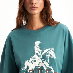 GRIMELANGE Typography Printed Boat Neck Extended Sleeves Raw Edge Cotton T-shirt-image-53