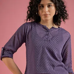 DressBerry Print Mandarin Collar Roll-Up Sleeves Georgette Blouson Top-image-91