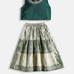 Muhuratam Girls Green Art Silk Sleeveless Round Neck Flared Ethnic Lehenga Choli-picture-4