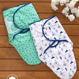 Babyhug 100% Cotton Swaddle Wrapper Printed Set of 2 - Green & Blue-image-73