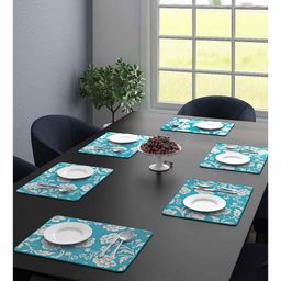Saral Home Cotton Placemat Flower Design Set of 6 - Turquoise Blue-2