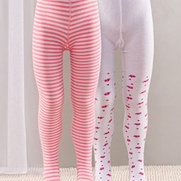 Cute Walk by Babyhug Full Length Anti-Bacterial Striped Tights Roses Design Pack of 2 - Pink White-image-38