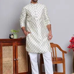 Jompers Floral Printed Mandarin Collar Silk Cotton Straight Kurta with Pyjamas-image-85