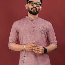 WELL TEX Floral Embroidered Cotton Thread Work Mandarin Collar Short Kurta-image-94