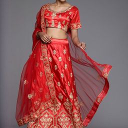 Suha Women Red Satin Embroidered Unstitched Lehenga Choli-picture-14