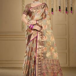 SANGAM PRINTS Woven Design Zari Organza Tussar Saree-image-90