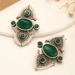Saraf RS Jewellery Rhodium Plated Stones Studded & Pearls Beaded Oxidised Studs-20