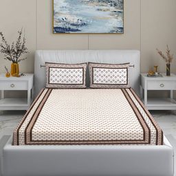 MODEFE Brown & White Floral Cotton 144 TC Double Bedsheet Set-2.74 m x 2.28 m-26