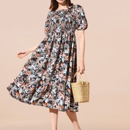 Femvy Floral Print Puff Sleeve Applique Fit & Flare Midi Dress-picture-44