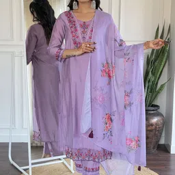 KALINI Floral Embroidered Chanderi Silk Straight Kurta With Trousers And Dupatta-34