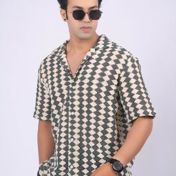 Eszett Geometric Crochet Cuban Collar Pure Cotton Shirt-image-94