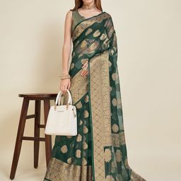 Durga Textile Green Nylon Organza Woven Banarasi Saree-picture-30