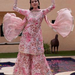 BANDIA Women Floral Printed Regular Mirror Work Kurta with Sharara & Dupatta-image-12