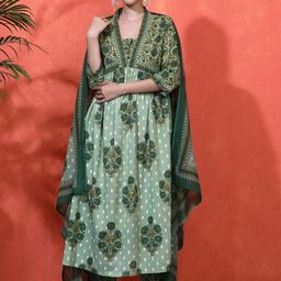 Sangria Floral Embroidered A-Line Pure Cotton Kurta With Trousers & Dupatta-picture-44