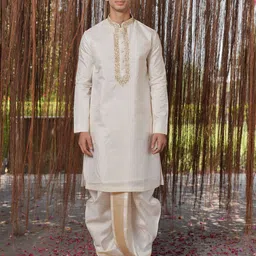 HILO DESIGN Kanjivaram Yoke Design Mandarin Collar Pure Silk Kurta & Dhoti Pants-image-37