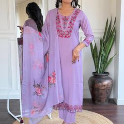 BAESD Floral Embroidered Thread Work Straight Kurta With Trousers & Dupatta-picture-25
