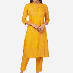KIZI Floral Printed Mandarin Collar Pure Cotton Straight Kurta With Trousers-picture-2