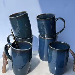 ARAVALII 6 Pcs Blue Crafted Ceramics Printed Ceramic Glossy Cups and Mugs-49