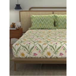 Urban Space Spring Sage Green Cotton Bedsheet with 2 Pillow Covers (Queen)-picture-11