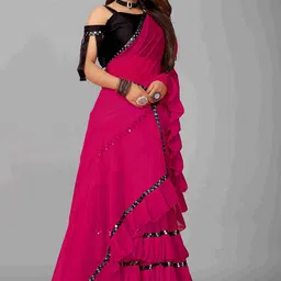 limtd Solid Sequinned Pure Georgette Ruffle Saree image 2