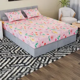 RUBOXA Pink & Green Floral Cotton 144 TC Double King Bedsheet Set-1.98 m x 1.83 m-34
