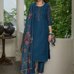 MOJILAA Ethnic Motifs Embroidered Chikankari Straight Kurta with Trousers & Dupatta-image-13
