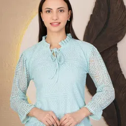 69 FASHION STREET Keyhole Neck Bishop Sleeves Net Top-picture-41