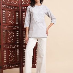 KALINI Women Ethnic Motif Embroidered Thread Work Pure Cotton Kurti-image-64