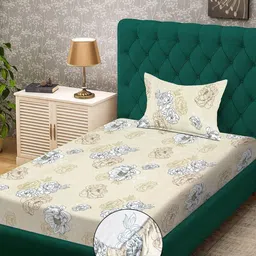 KLOTTHE Cream-Colored Floral 300 TC Fitted Single Bedsheet With Pillow Cover-2.25 x 1.50 m-image-97