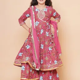 Bitiya by Bhama Girls Floral Printed Cotton Kurta with Sharara & Dupatta-image-6
