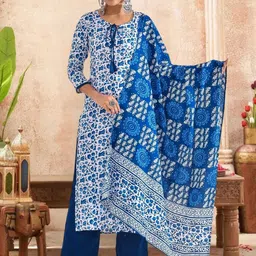 OZIA Floral Printed Tie Up Neck Pure Cotton Kurta With Trousers & Dupatta-picture-36