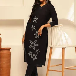 KALINI Women Floral Embroidered Regular Thread Work Pure Cotton Kurta with Trousers-picture-49